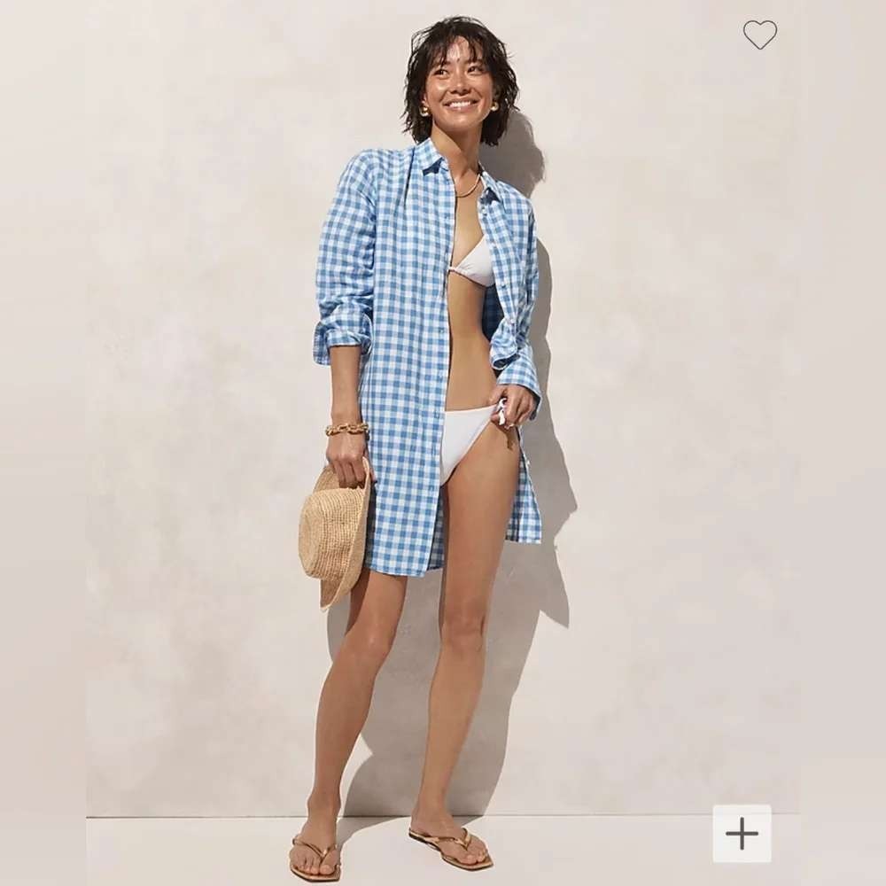 J.Crew Blue White Gingham Linen Cotton Relaxed Shirt Dress Cover-Up Small